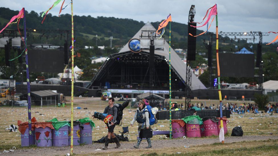 Glastonbury Festival-goers depart Worthy Farm in 2019