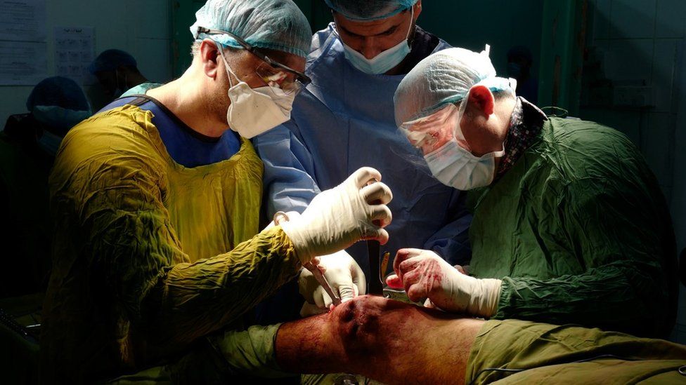 British surgeons from the charity Action for Humanity operating at Marib Hospital, Yemen