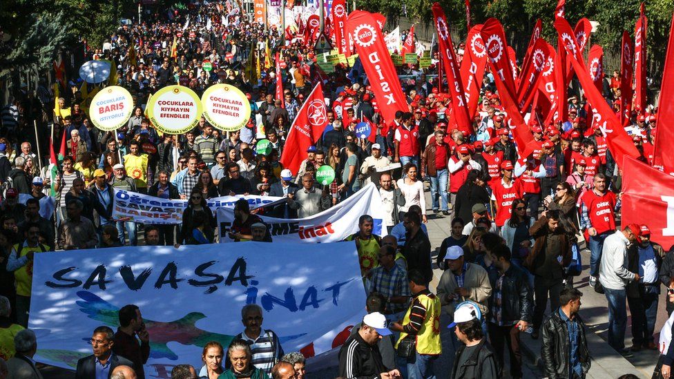 People gathering for a march in Ankara, Saturday 10 October 2015