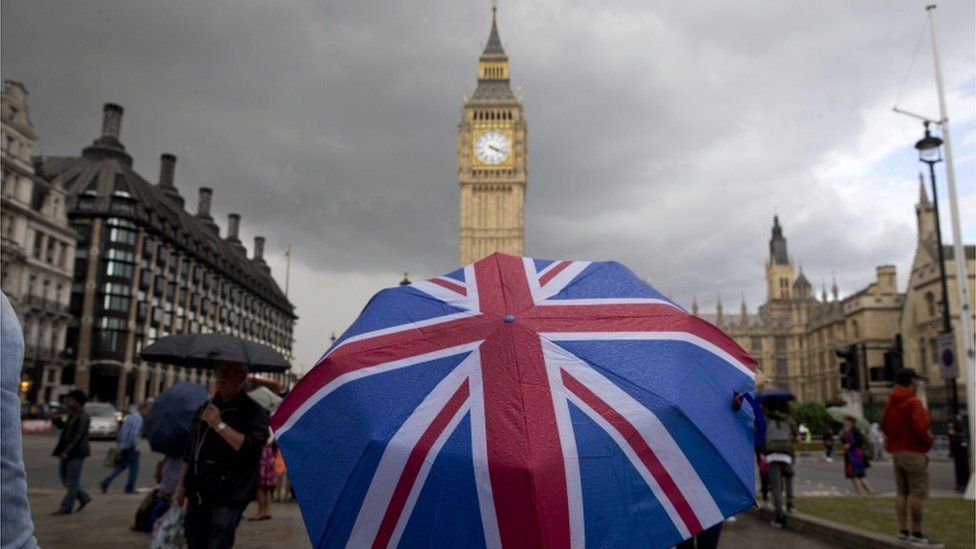 Union Jack umbrella in front of Parliament