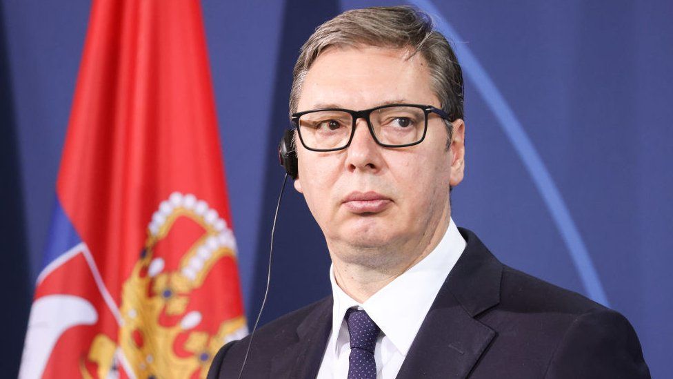 Serbian President Aleksander Vucic attends a press conference with German Chancellor Olaf Scholz following talks at the Chancellery on May 4, 2022