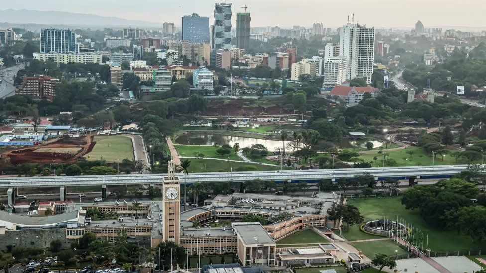 An aerial view of the modern Nairobi cityscape with the Nairobi express way passing through the capital city of Kenya, East Africa.