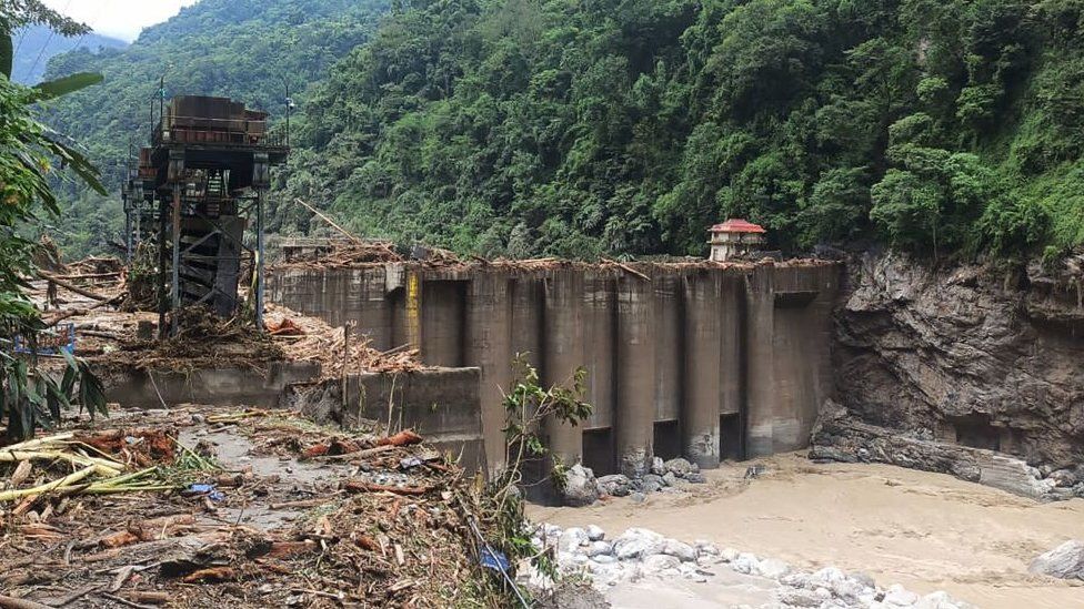 A general view shows the damaged Teesta V power plant along the Teesta River some 6 Km from Singtam in India's Sikkim state on October 5, 2023, a day after a flash flood triggered by a high-altitude glacial lake burst. Indian rescue teams searched on October 5 for 102 people missing after a devastating flash flood triggered by a high-altitude glacial lake burst killed at least 14, officials said. (Photo by Pankaj DHUNGEL / AFP) (Photo by PANKAJ DHUNGEL/AFP via Getty Images)