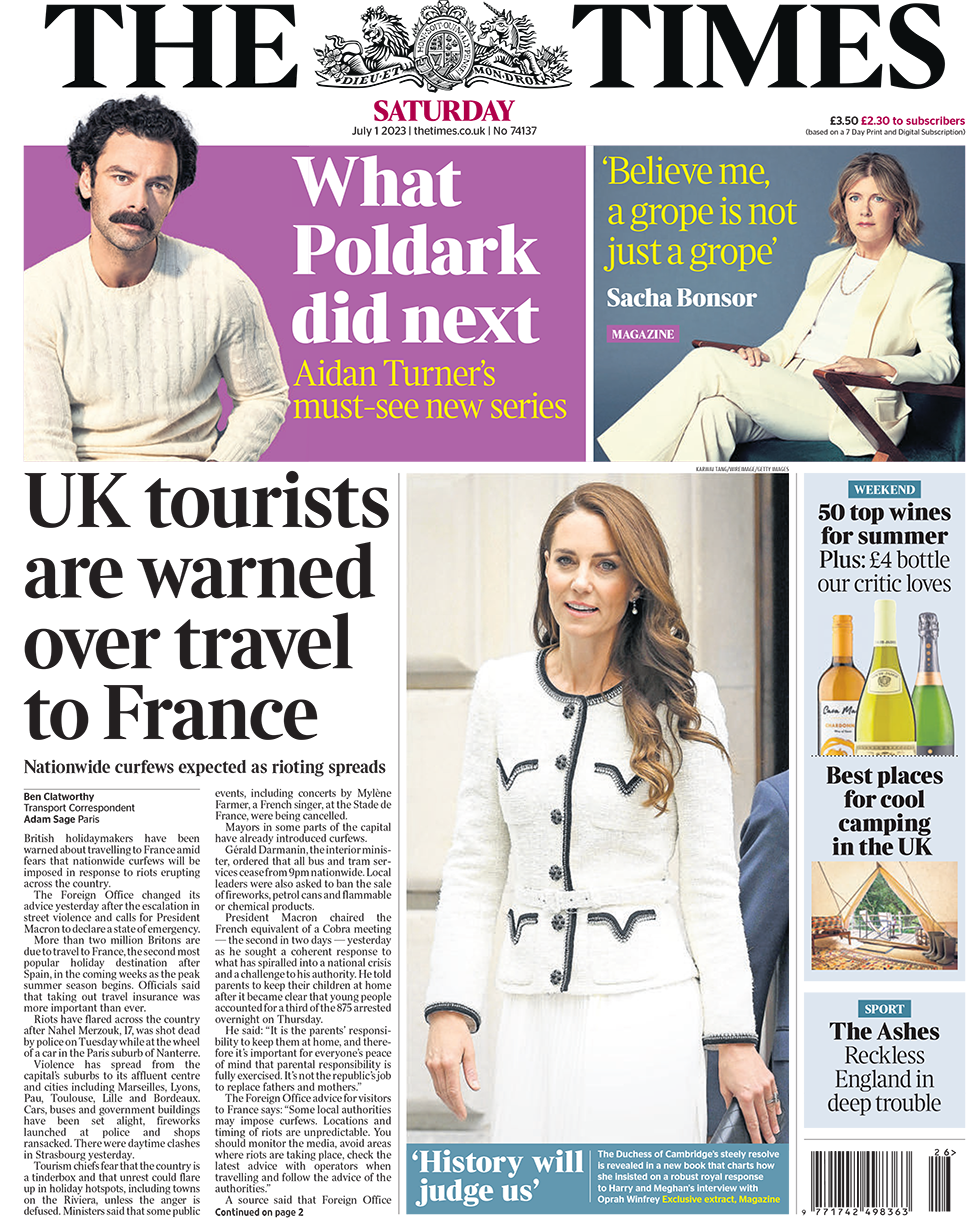 The headline in The Times reads: "UK tourists are warned over travel to France"