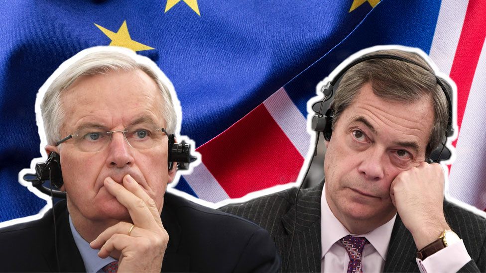 A composite illustration shows Michel Barnier and Nigel Farage, taken from separate photos, in front of the EU and UK flags.