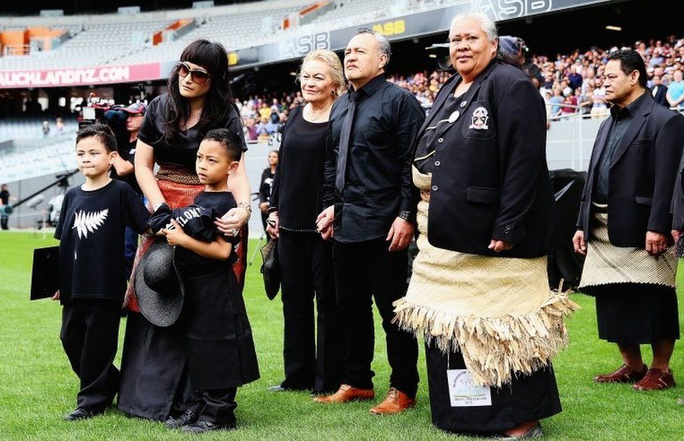 Widow of Jonah Lomu, Nadene Lomu walks onto Eden Park with her two sons Brayley Lomu and Dhyreille Lomu, her mother Lois, father Mervyn Kuiek and mother of Jonah Lomu, Hepi Lomu at the Public Memorial for Jonah Lomu at Eden Park on November 30, 2015 in Auckland, New Zealand.
