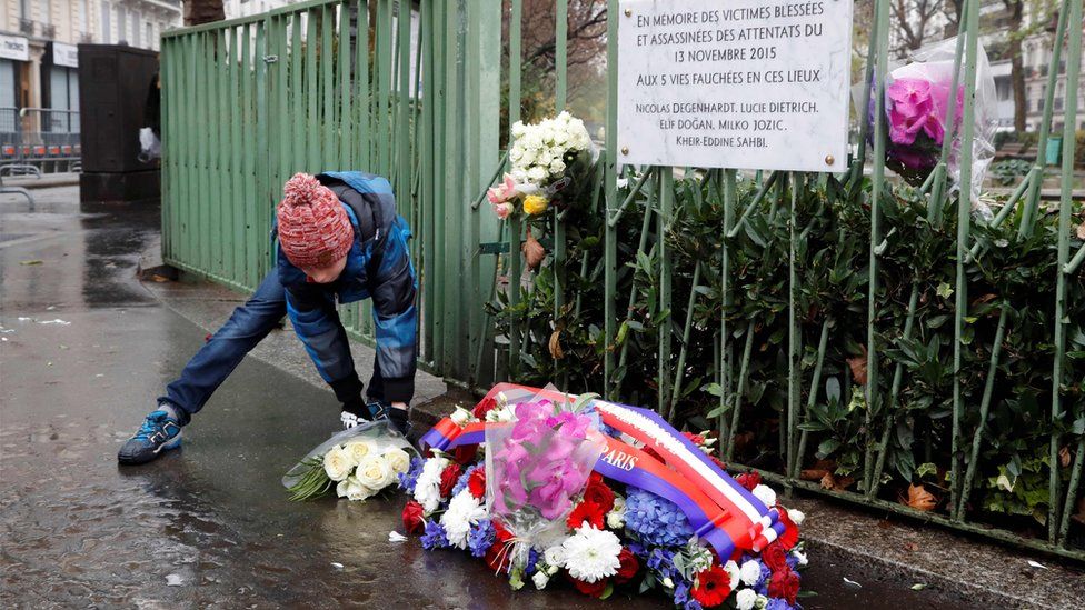 Flowers commemorating Paris attack victims, file pic
