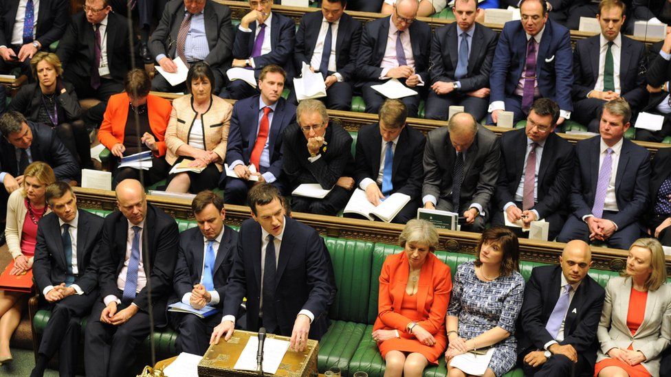 George Osborne at despatch box with Conservative MPs behind him