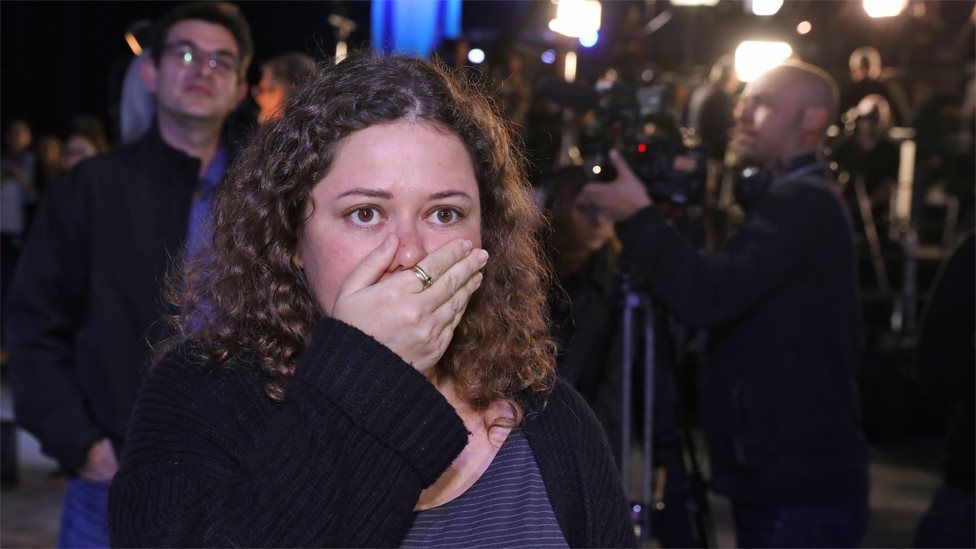 Blue and White supporter reacts to exit polls in Israel (2 March 2020)