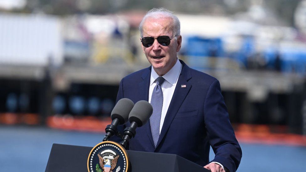 US President Joe Biden attends a press conference on March 13, 2023 in San Diego, California