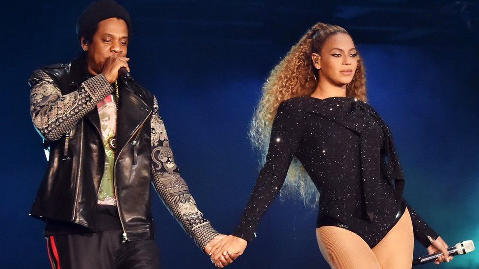 Jay-Z and Beyonce Knowles perform on stage during the 'On the Run II' tour opener in Cardiff, Wales