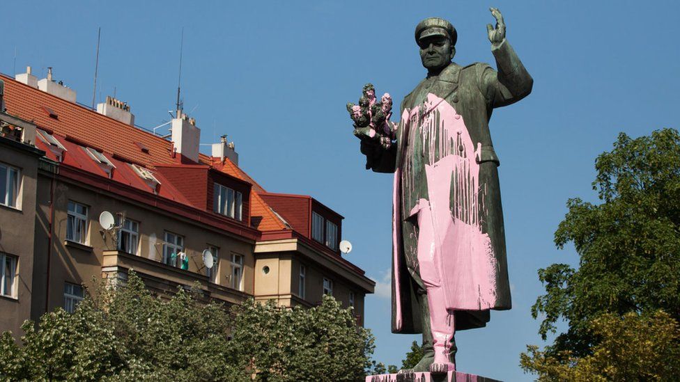 Monument to Soviet military commander Ivan Konev vandalised with pink paint in Prague, Czech Republic, on 8 May 2018.