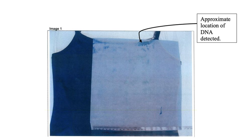 The victim's vest top and an arrow showing where DNA from an unknown man's saliva was found.