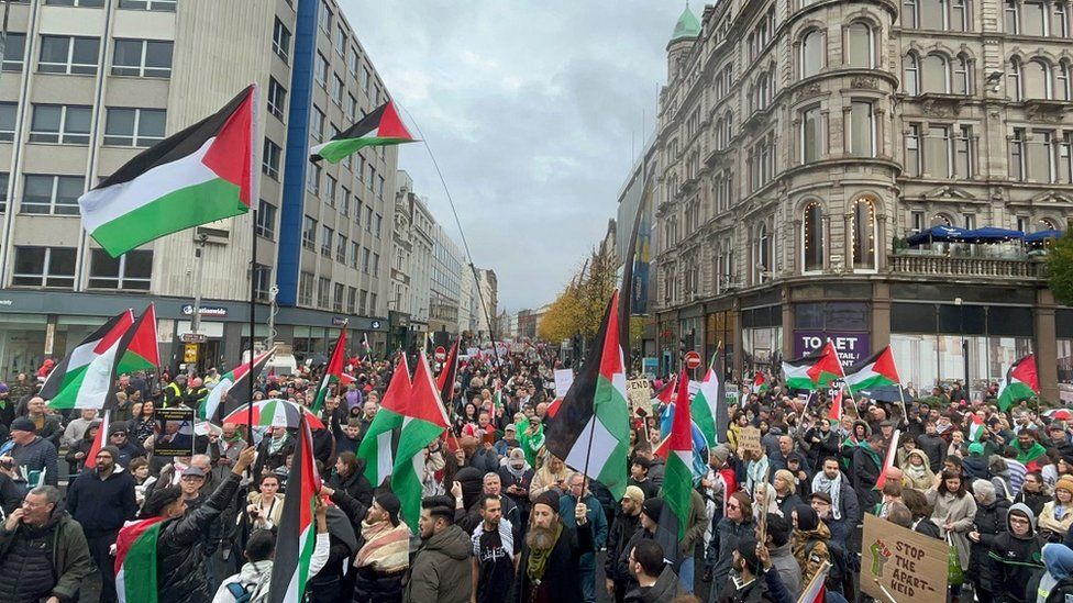 Crowds at Donegall Square in Belfast at pro-Palestinian rally