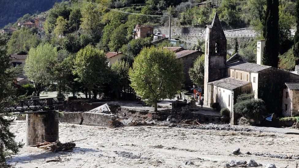 A collapsed bridge on the Vésubie river due to heavy rains from Storm Alex in Roquebillière, France, on 3 October 2020