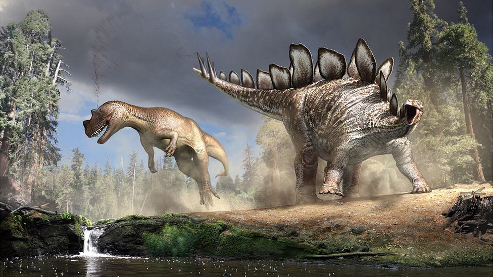Allosaurus and stegosaur