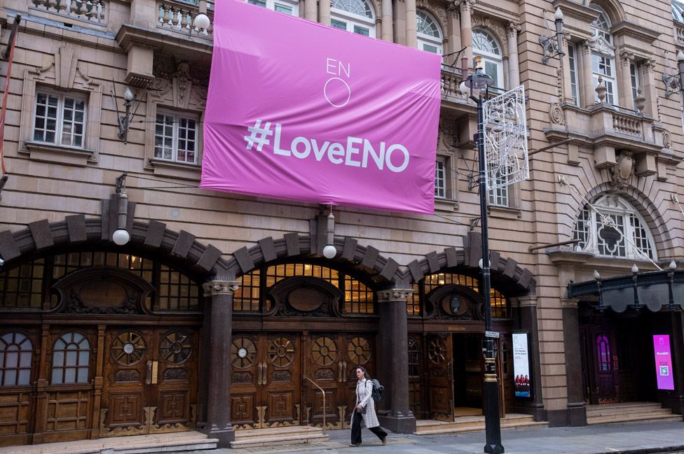 "Love ENO" sign outside the English National Opera's London Coliseum home on 16 November 2022
