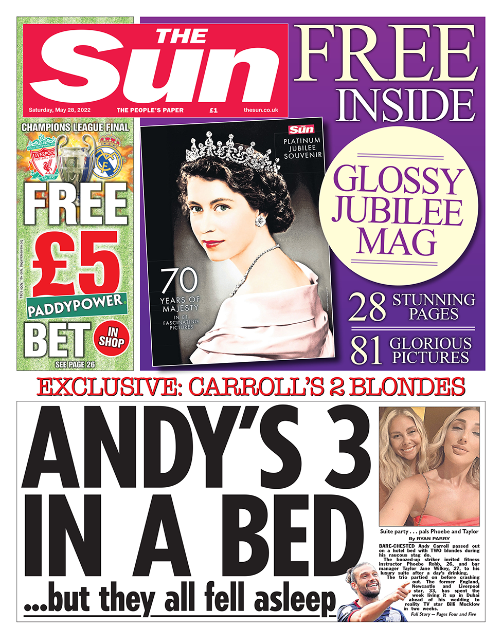 Заголовок на первой полосе The Sun гласит: «Энди трое в постели… но все они уснули».