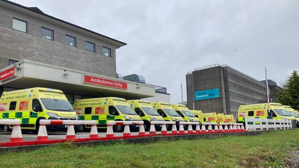 Ambulances waiting outside Royal Cornwall Hospital