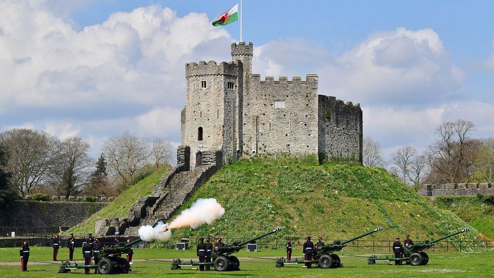Royal Artillery fire a 41-round gun salute in the grounds of Cardiff Castle to mark the death of the Duke of Edinburgh