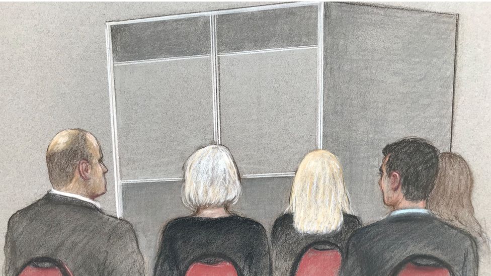 Courtroom sketch of MI5 officer Witness A giving evidence behind a screen