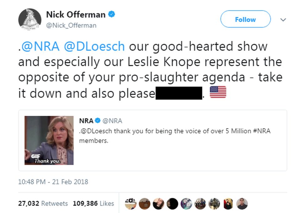 @Nick_Offerman tweeted: "Our good-hearted show and especially our Leslie Knope represent the opposite of your pro-slaughter agenda".