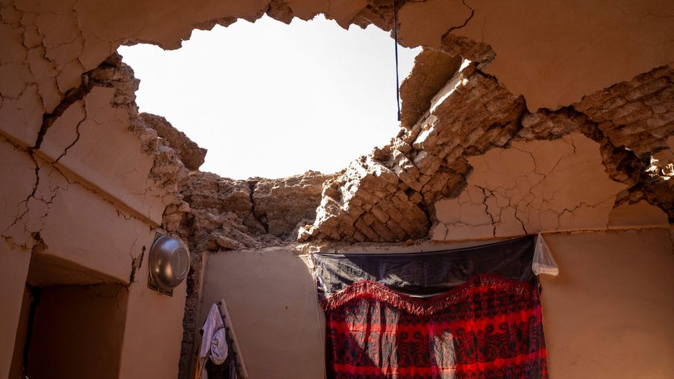 Cracked walls and a gaping hole in the ceiling of a house in Herat after a 6.3 magnitude earthquake struck the city.