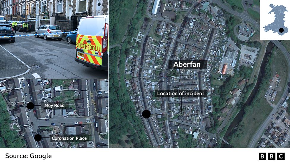 Map shoes location of incident in Aberfan; position of Moy Road and Coronation Place; the police cordon; and location of Aberfan on map of Wales