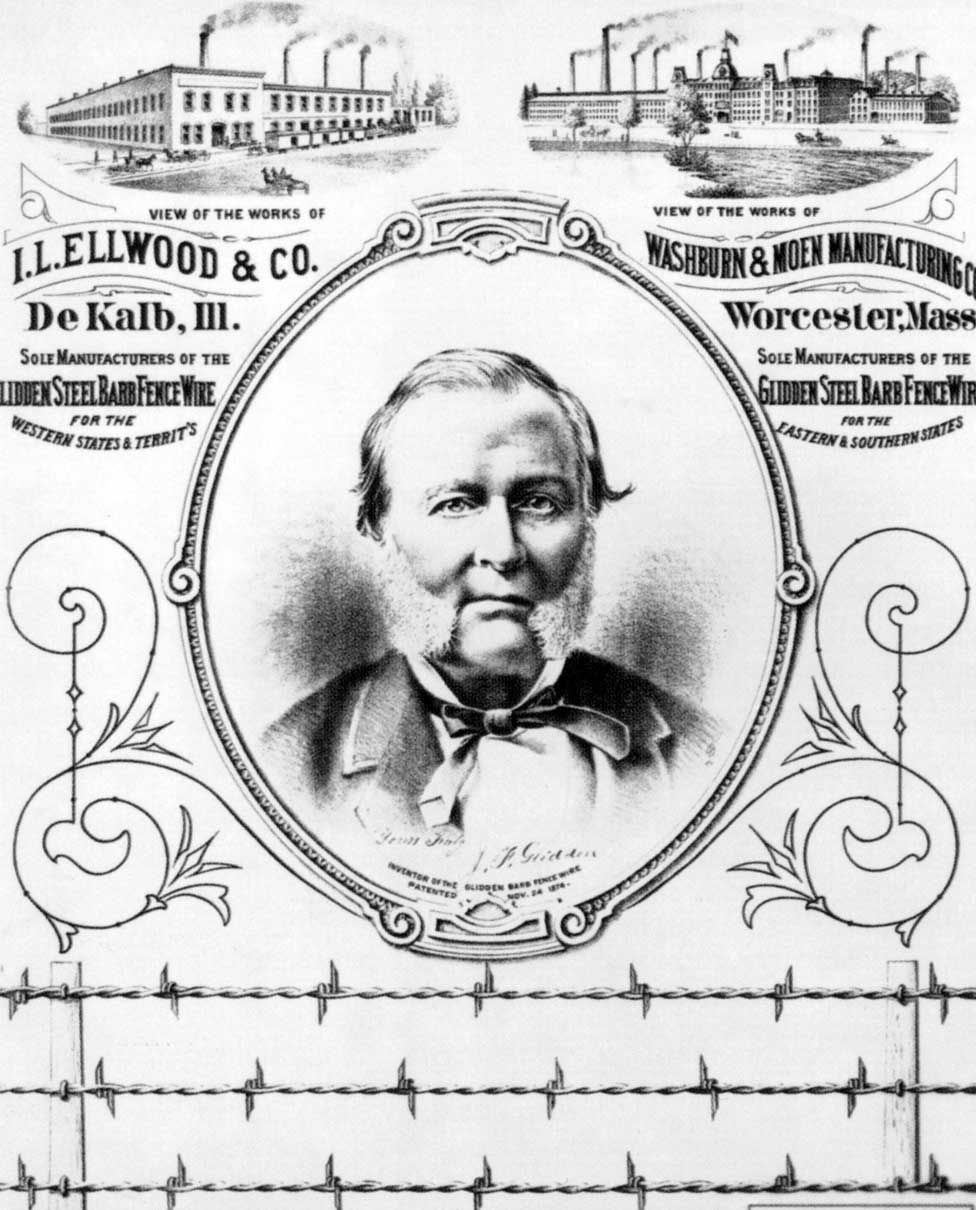 An advert for John Glidden's barbed wire featuring his portrait
