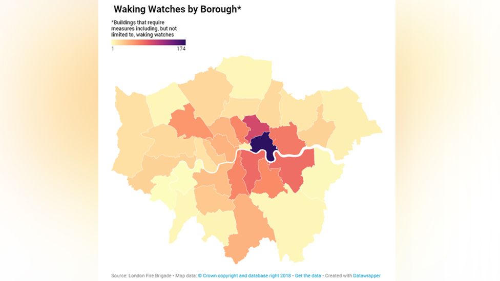 A map of London showing the number of "waking watches" by borough