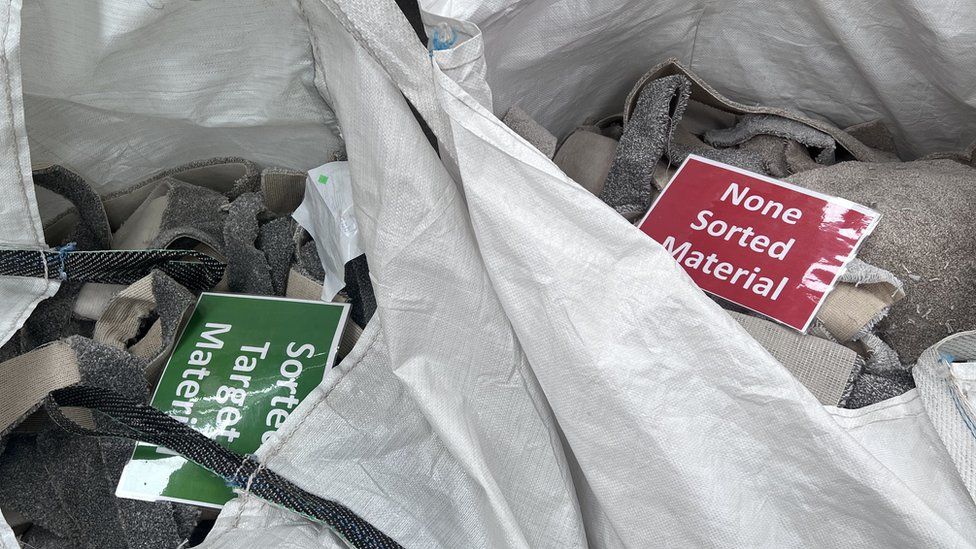 Bag of sorted and unsorted carpet waste