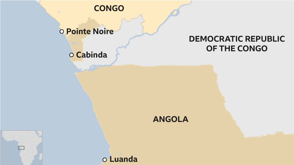Map showing Angola, Congo and DR Congo