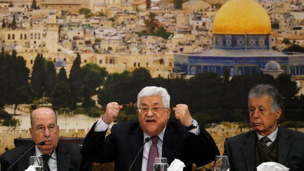 Palestinian President Mahmoud Abbas speaks during the meeting of the Palestinian Central Council in the West Bank city of Ramallah, 14 January