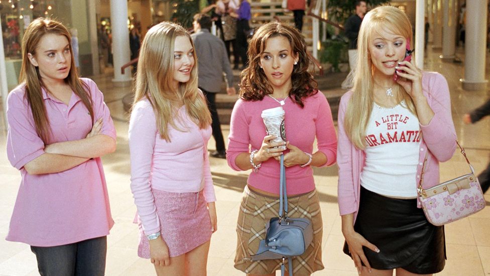 Lindsay Lohan as Cady Heron, Amanda Seyfried as Karen Smith, Lacey Chabert as Gretchen Wieners and Rachel McAdamas as Regina George from the 2004 film Mean Girls