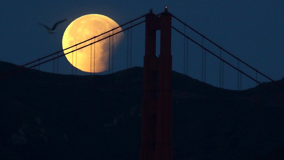 San Francisco's Golden Gate Bridge at night with the moon behind it