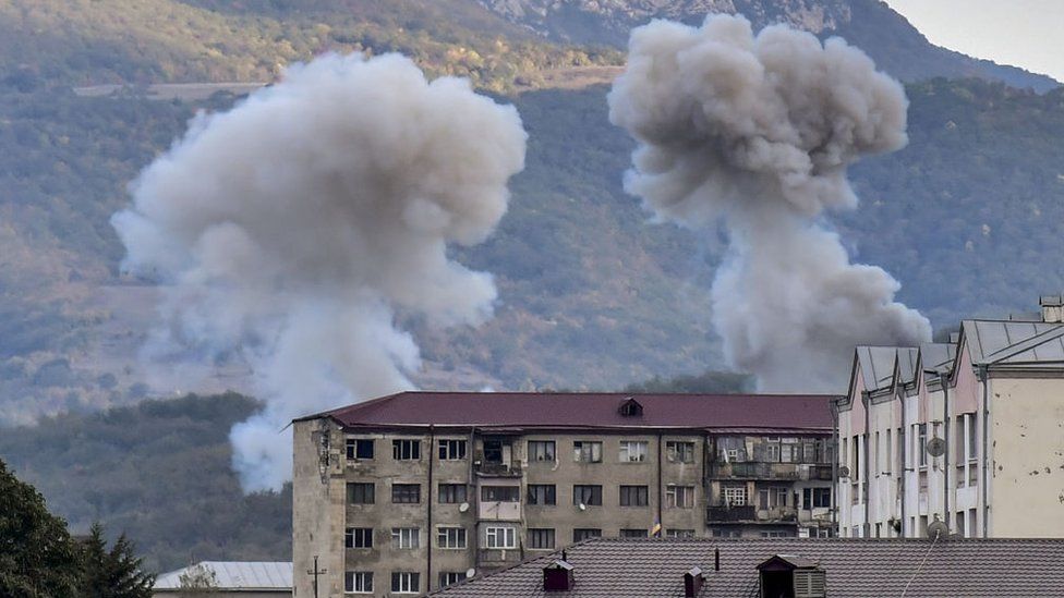 Smoke rises after shelling in Stepanakert on October 9, 2020