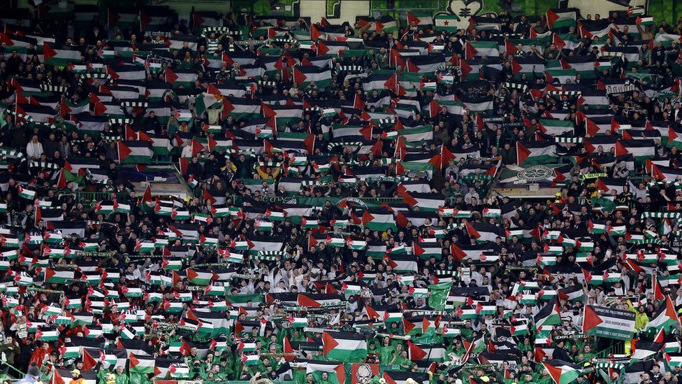 The stands at Celtic Park were a sea of Palestinian flags shortly before kick off against Atletico Madrid