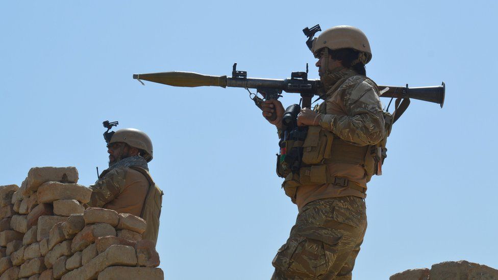 Afghan security forces take position during a battle with the Taliban in Kunduz province, Afghanistan September 1, 2019.