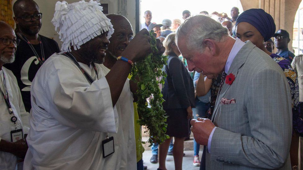Prince Charles, Prince of Wales attends an Art, Music, Dance and Youth Exhibition in Jamestown on November 3, 2018 in Accra, Ghana