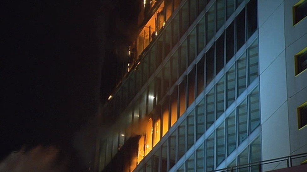 The fire is several storeys up in the Metro Hotel building in Ballymun in Dublin