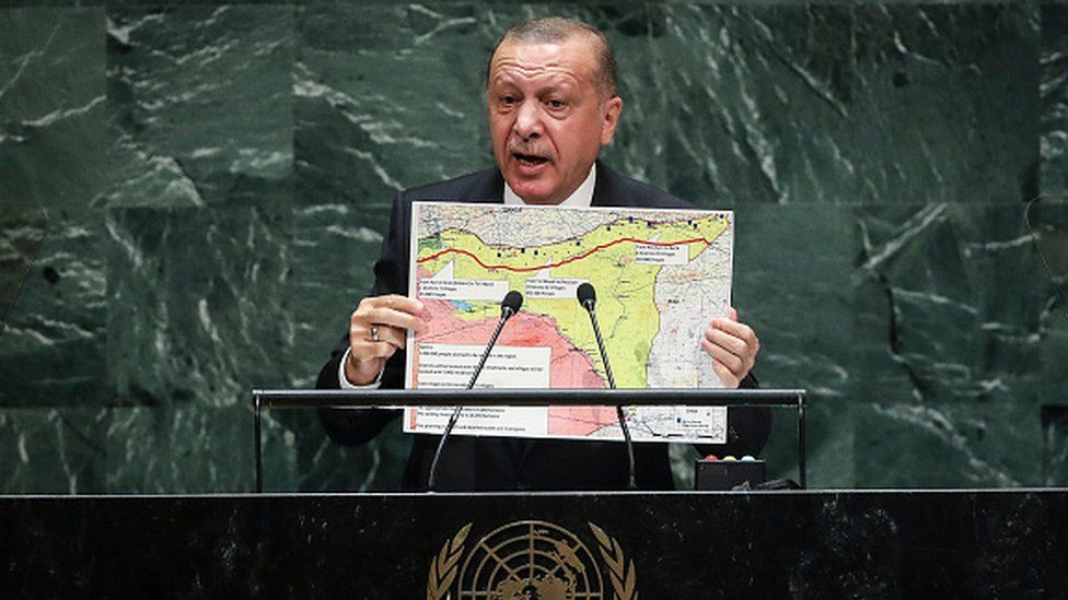 Turkey's President Recep Tayyip Erdogan, speaking at the UN General Assembly, held up a map of the proposed safe zone