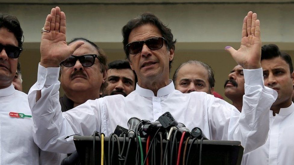 Cricket star-turned-politician Imran Khan, chairman of Pakistan Tehreek-e-Insaf (PTI), speaks after voting in the general election in Islamabad, July 25, 2018
