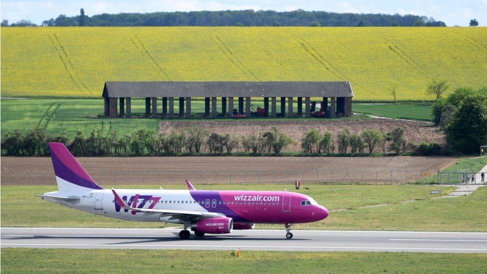 A Wizz Air aeroplane taking off in Austria