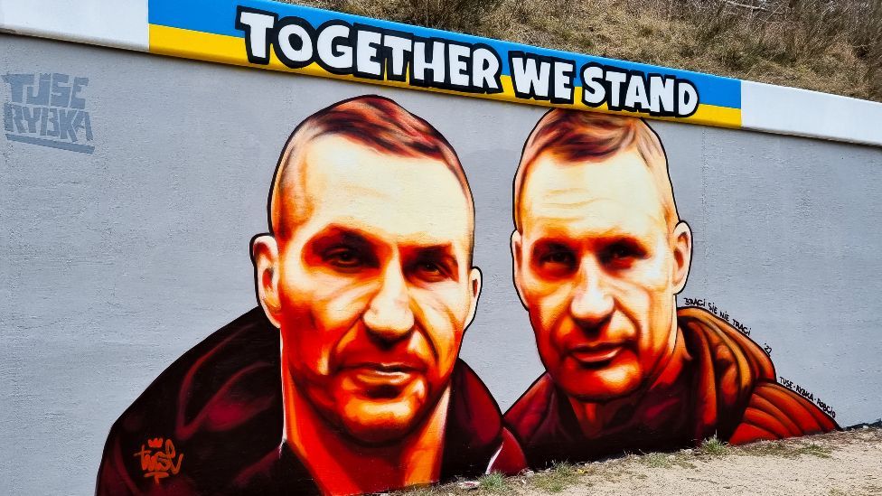 A mural of Vitali and Vladimir Klitschko is seen on the wall next to the PKM Gdansk Jasien train station. A mural of former boxers Vitali and Vladimir Klitschko is seen on the wall next to the PKM Gdansk Jasien train station