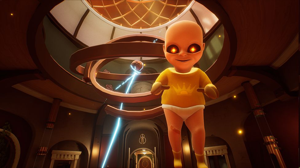 Screenshot shows a sinister, doll-like baby with glowing yellow eyes wearing a yellow baby-gro floating in mid-air. Behind the baby is a large, art deco-style reception hall with a domed glass ceiling, and bolts of electricity shooting from an orb floating in the centre.