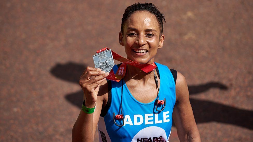 Adele Roberts at the finish line during the London Marathon in London on 22 April 2018