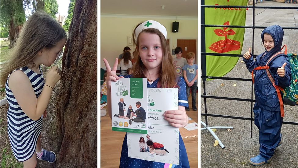 Three images of Beatrice, looking at a tree, holding a first aid certificate and in outdoor gear