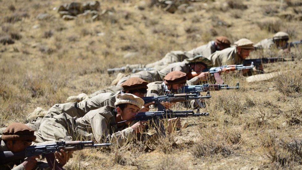 Afghan resistance movement and anti-Taliban uprising forces take part in a military training in Panjshir province on 2 September