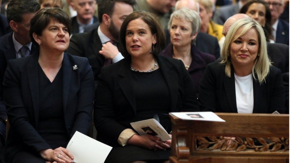 DUP leader Arlene Foster, Sinn Fein leader Mary Lou McDonald and Sinn Fein Vice President Michelle O'Neil