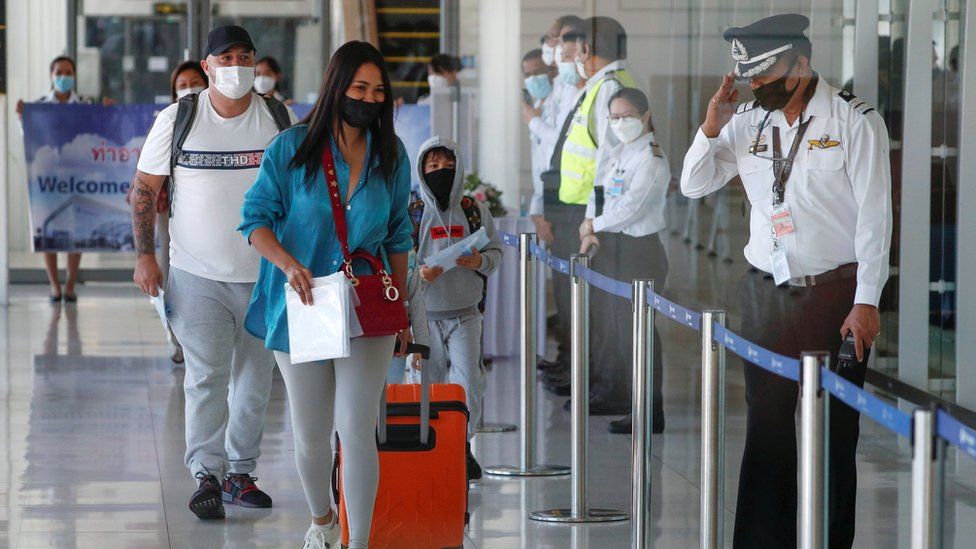 The first foreign tourists arrive at the airport as Phuket reopens to overseas tourists, allowing foreigners fully vaccinated against the coronavirus disease (COVID-19) to visit the resort island without quarantine, in Phuket, Thailand